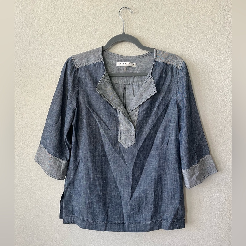 Trina Turk Linen Groove Split Neck With Half Sleeves in Blue Women’s Size XS - Picture 2 of 11